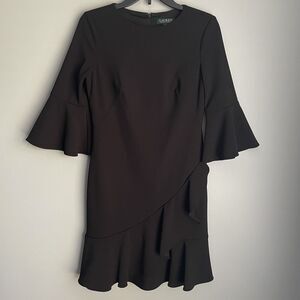 Lauren Ralph Lauren Black Dress Size 2 Bell Sleeves Crepe Career Ruffled Hem